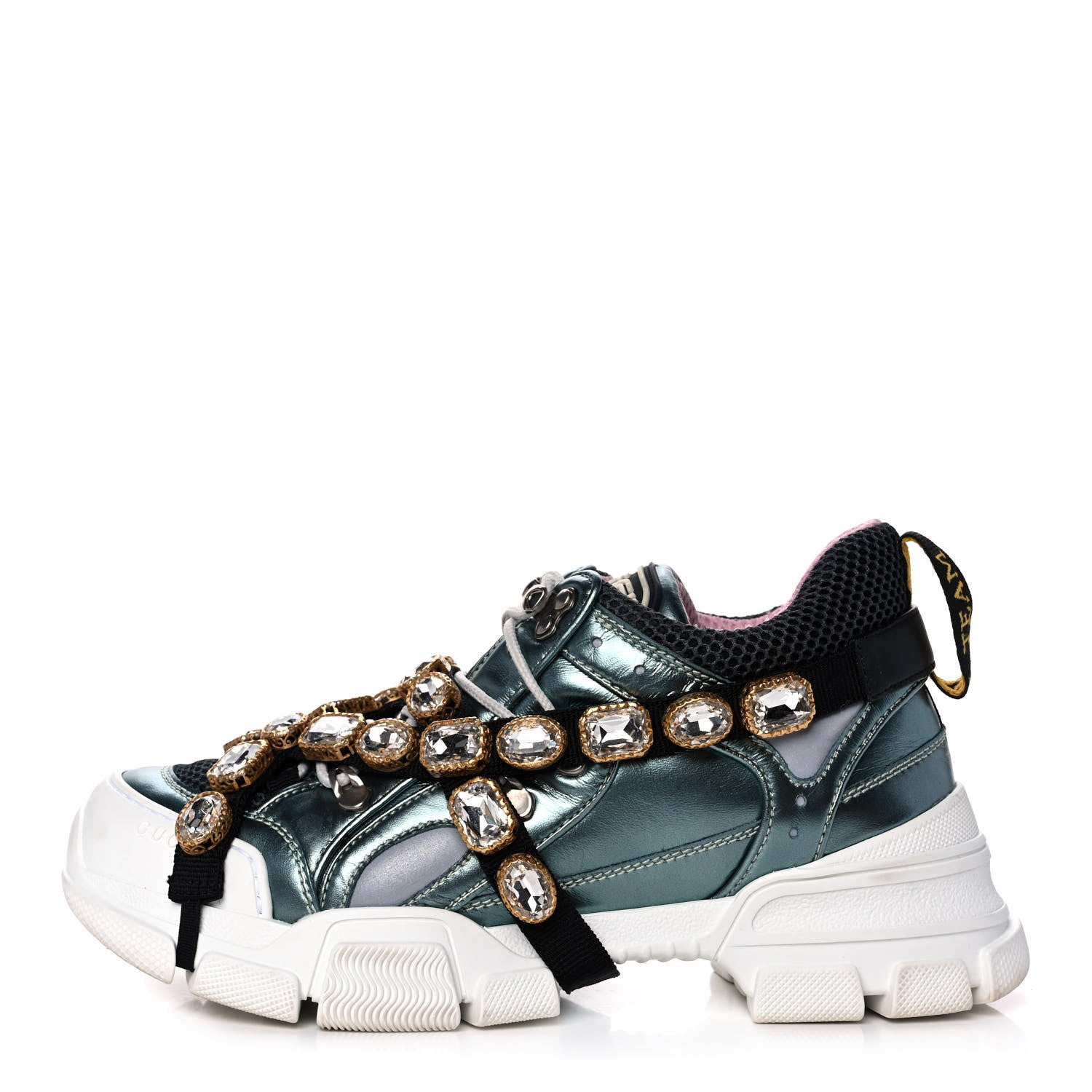 Gucci X SEGA Metallic Calfskin Removable Crystals Womens Flashtrek Sneakers 39 Lago Loess Silver 1 of 8
