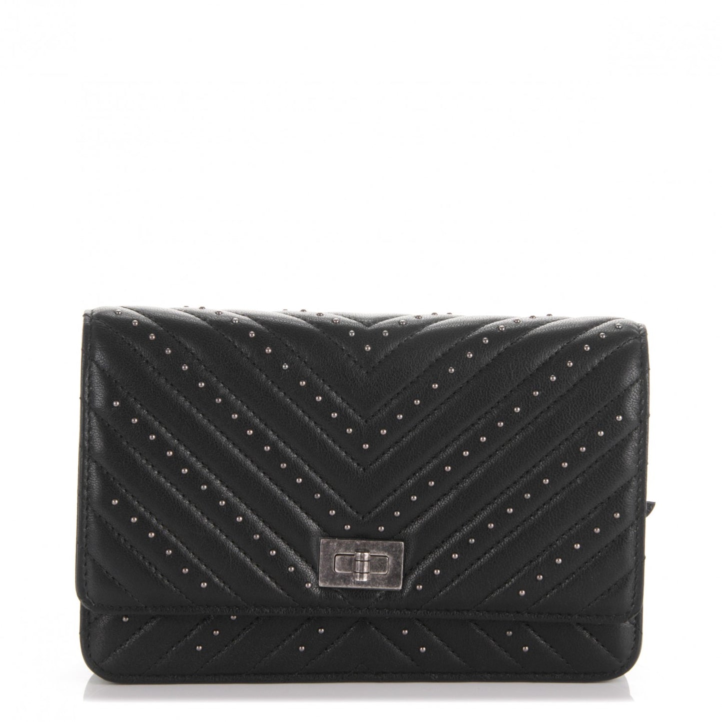 Studded Sheepskin Quilted Chevron Reissue Wallet On Chain WOC Black