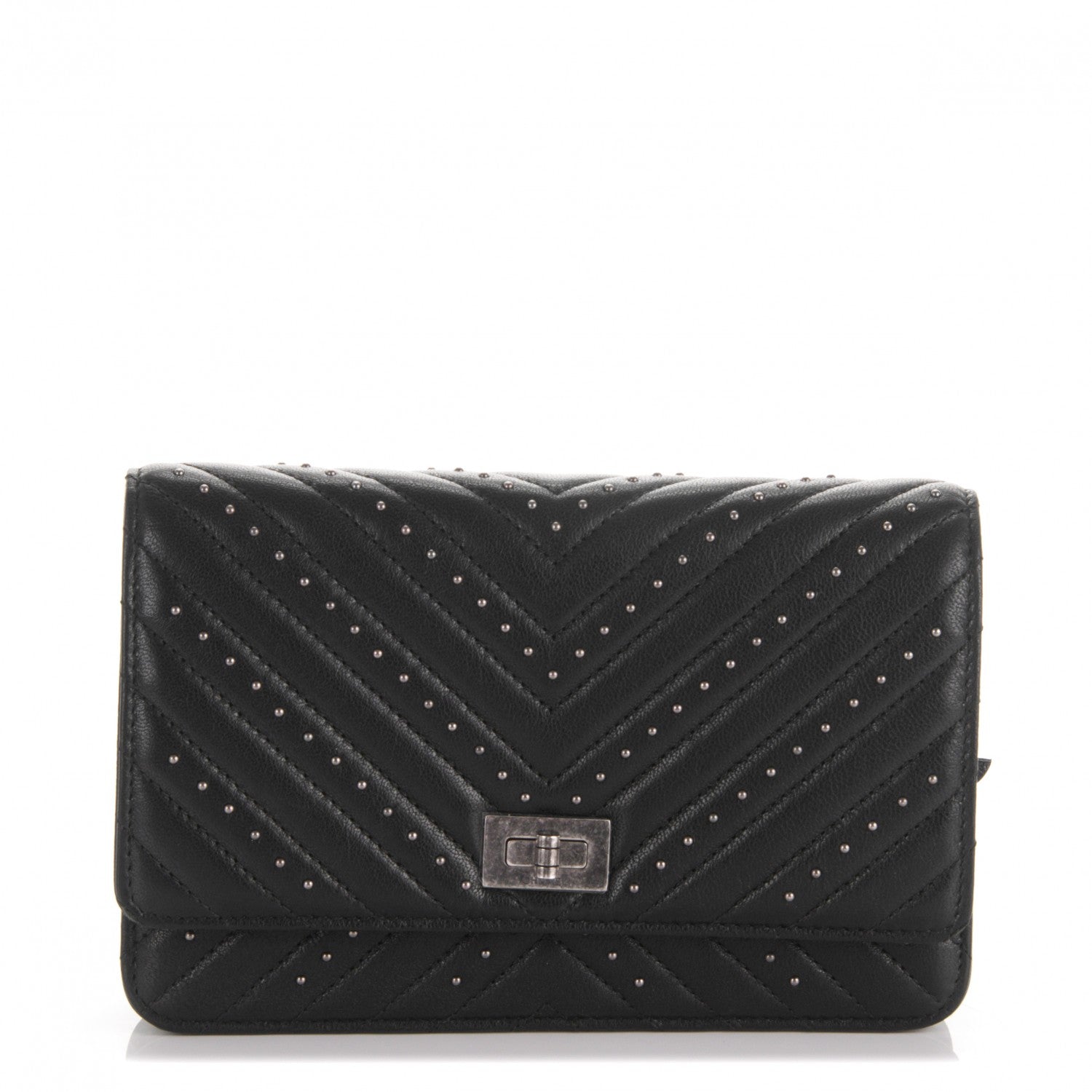 Chanel Studded Sheepskin Quilted Chevron Reissue Wallet On Chain WOC Black 1 of 8