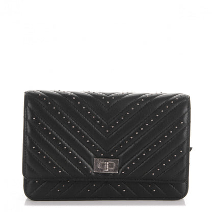 Chanel Studded Sheepskin Quilted Chevron Reissue Wallet On Chain WOC Black 1 of 8