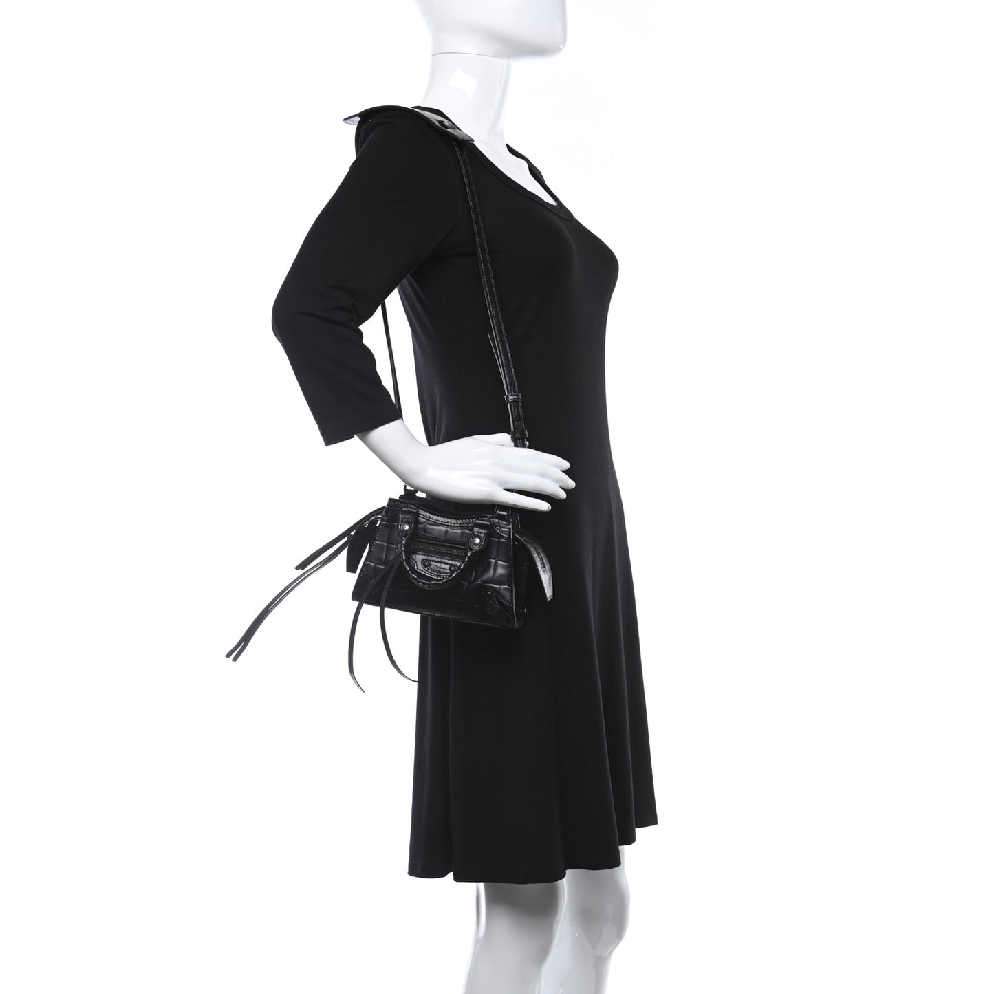 Semi Shiny Calfskin Crocodile Embossed Neo Classic Black Hardware Nano City Crossbody Black