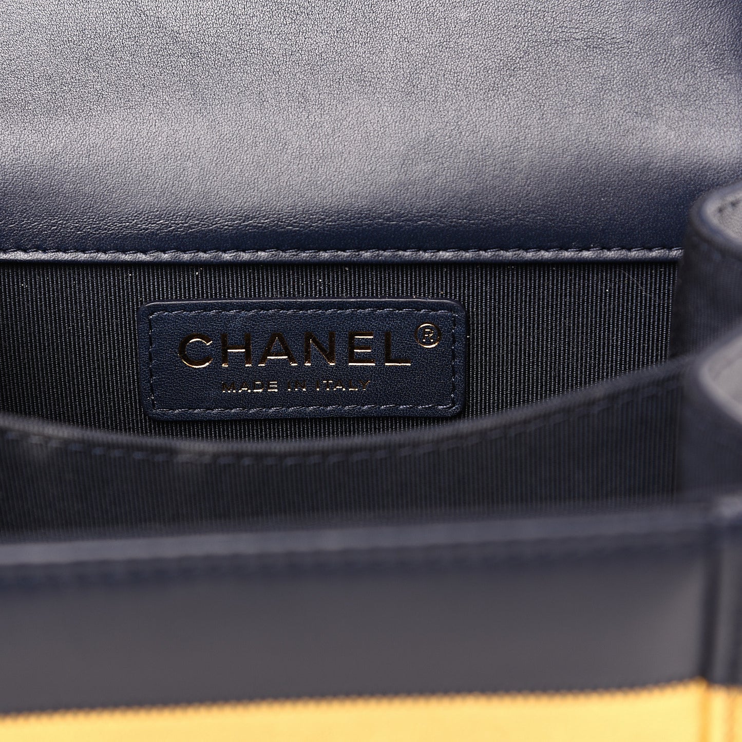 Metallic Lambskin Striped North South Boy Flap Navy Gold