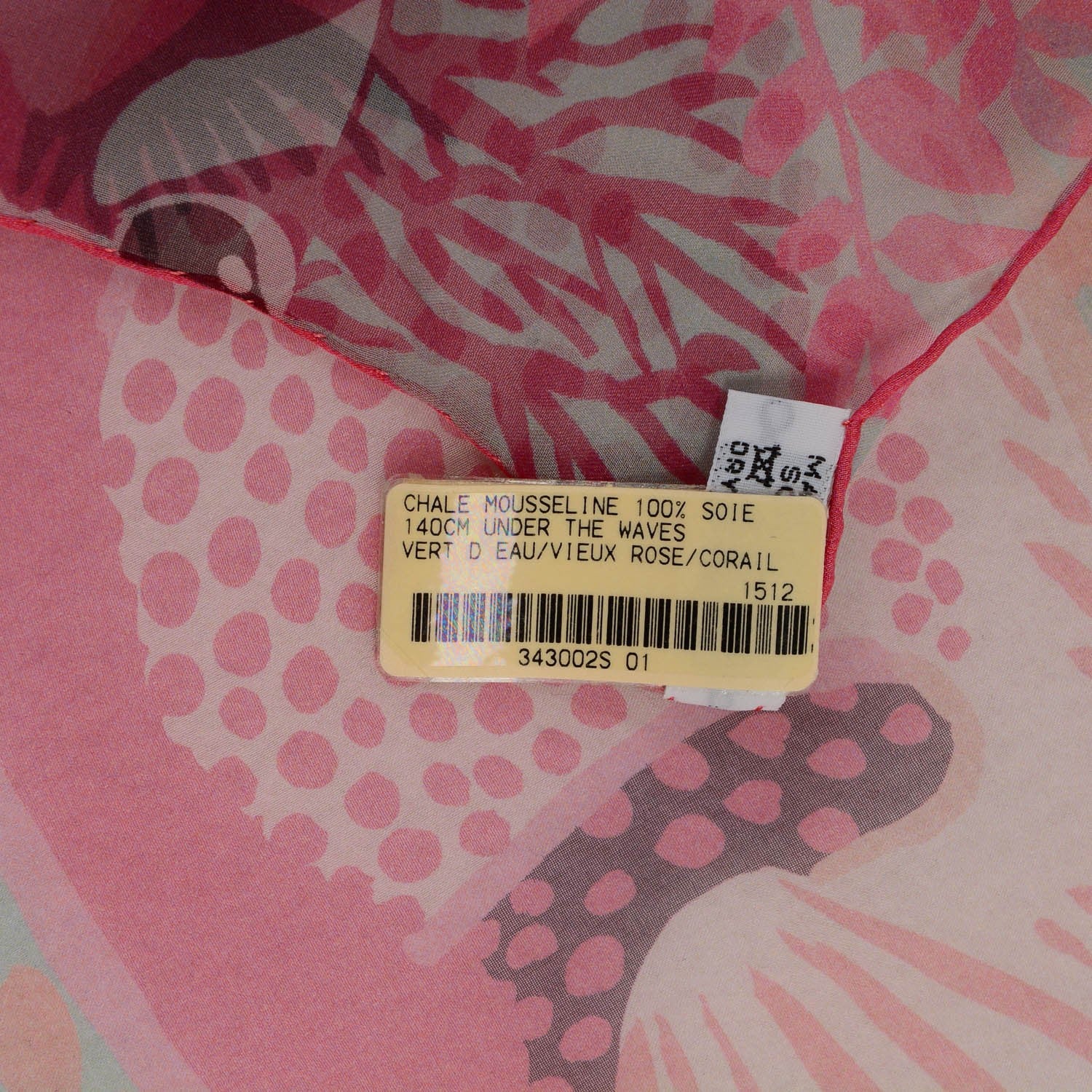 Hermes Silk Mousseline Under The Waves Shawl 140 Vert D Eau Vieux Rose Corail 3 of 3