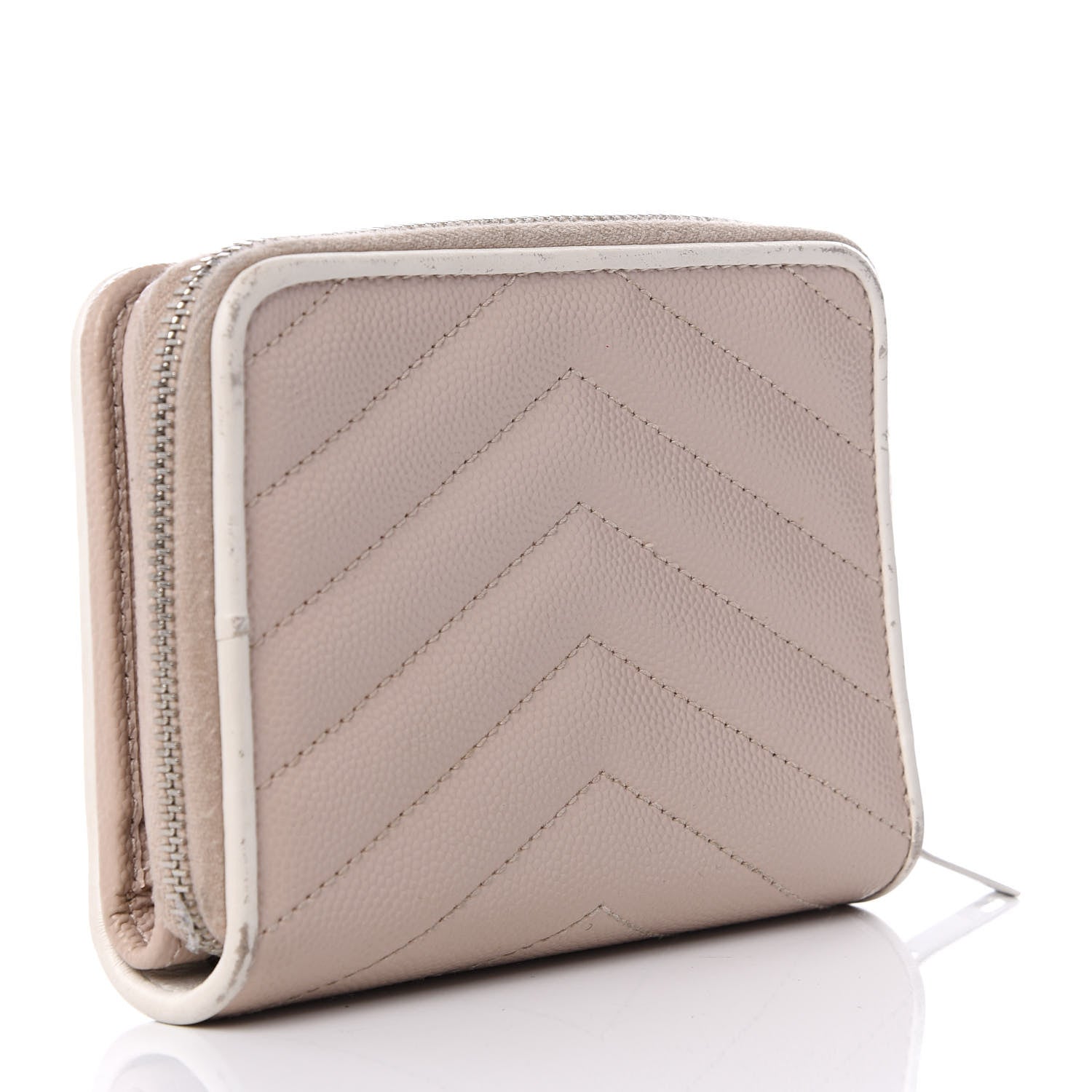 Saint Laurent Grain De Poudre Matelasse Chevron Monogram Compact Zip Around Wallet Pink White 2 of 8