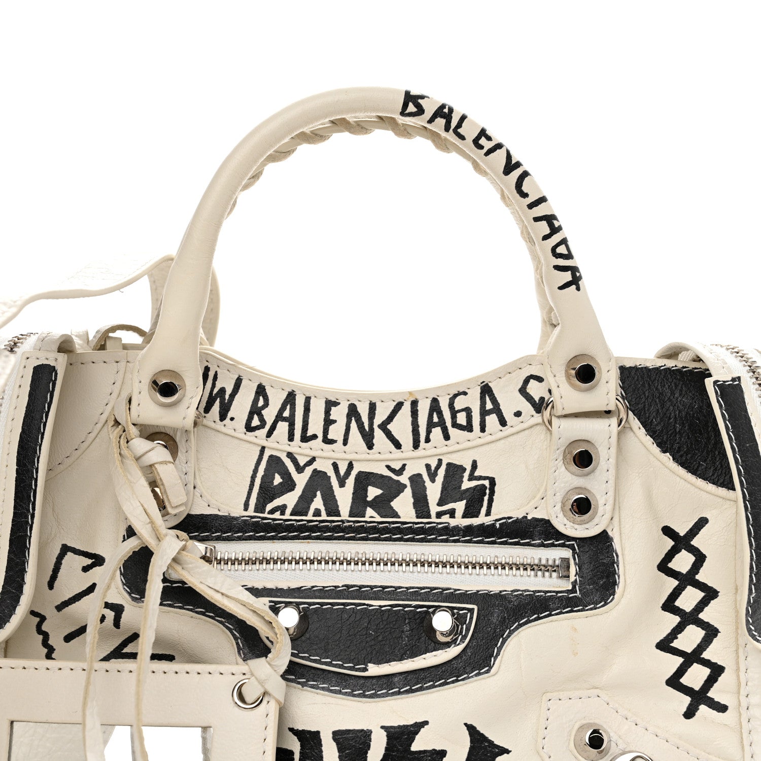 Balenciaga Agneau Arena Graffiti All Over Classic Silver Hardware Mini City White Black 8 of 11