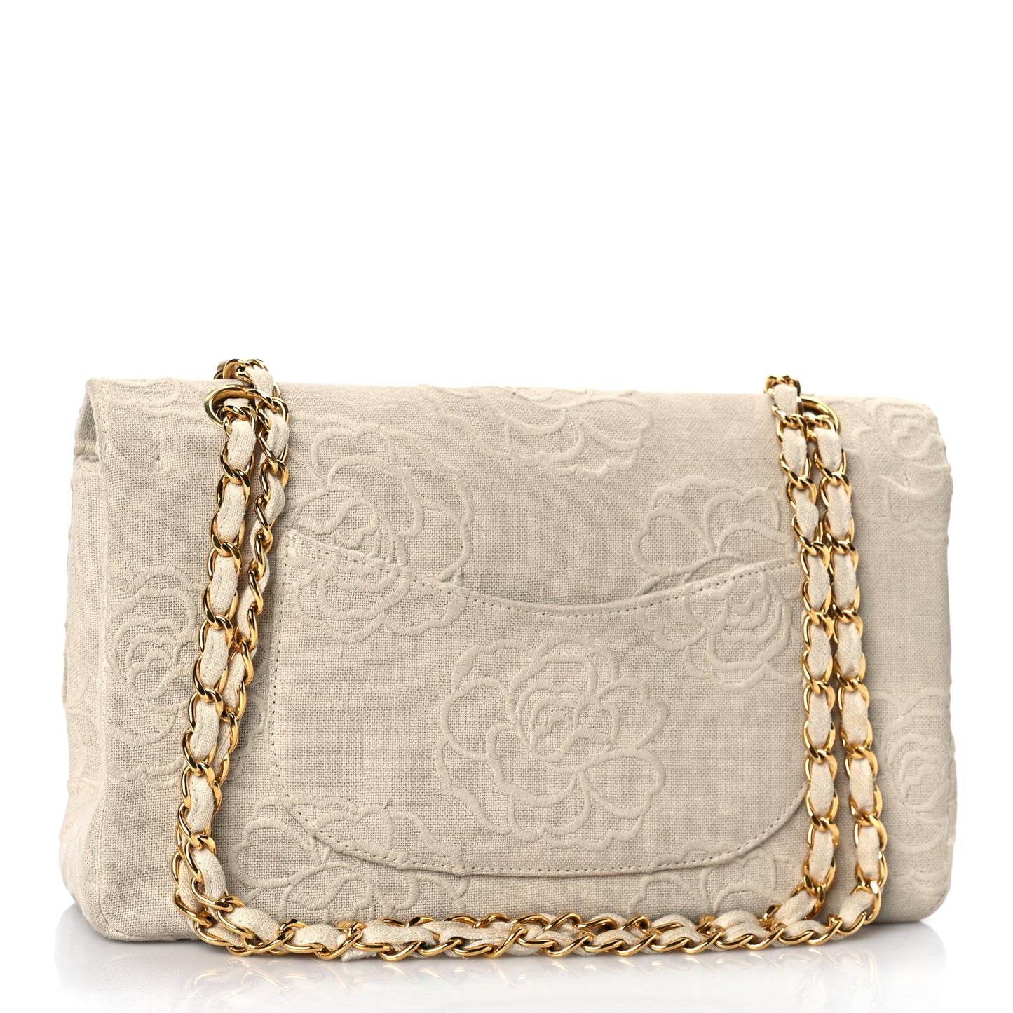Canvas Camellia Embroidered Medium Double Flap Ivory