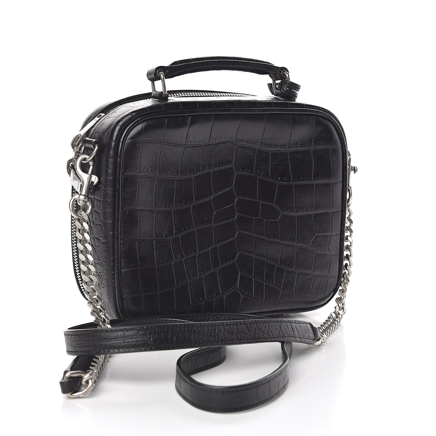 Saint Laurent Calfskin Crocodile Embossed Monogram Lunch Box Bag Black 3 of 9