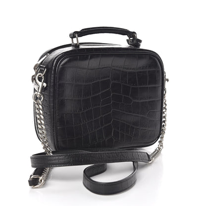 Saint Laurent Calfskin Crocodile Embossed Monogram Lunch Box Bag Black 3 of 9