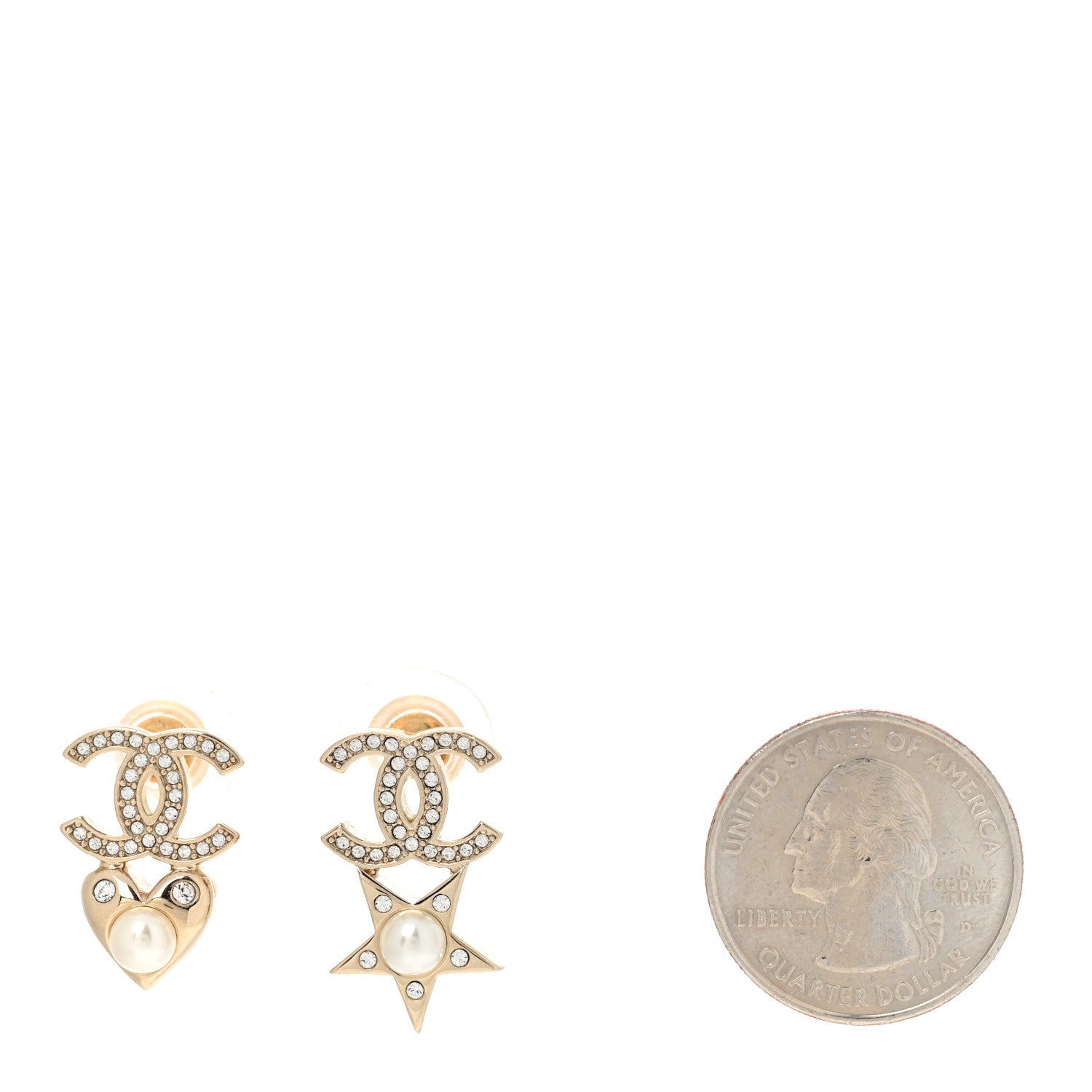 Chanel Crystal Pearl Charming Winter CC Star Heart Earrings Gold 2 of 4