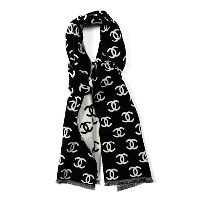 Chanel Wool Cashmere CC Scarf Black White 1 of 3