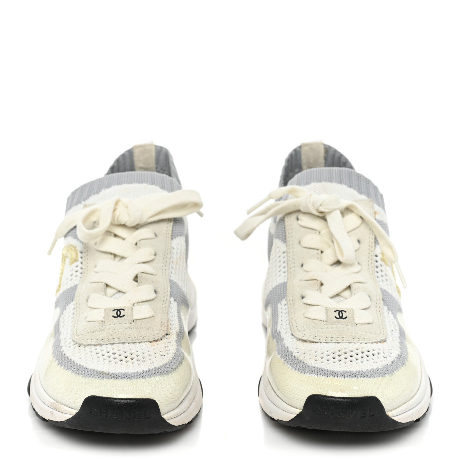 Chanel Fabric Suede Calfskin Stretch CC Sneakers 37.5 White Grey 2 of 12