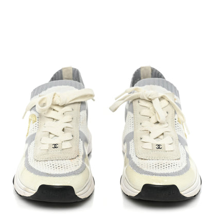 Chanel Fabric Suede Calfskin Stretch CC Sneakers 37.5 White Grey 2 of 12