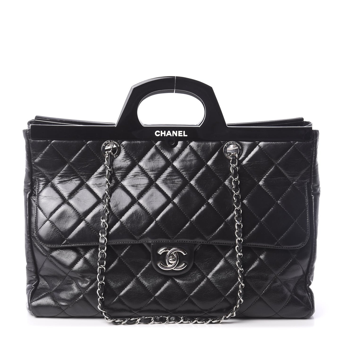Glazed Calfskin Quilted Large CC Delivery Tote Black