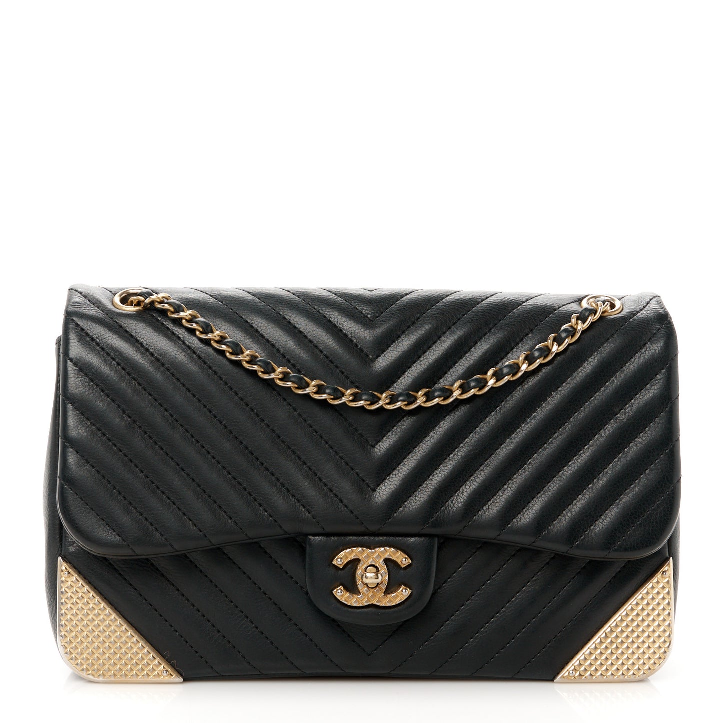 Calfskin Chevron Quilted Rock The Corner Flap Black