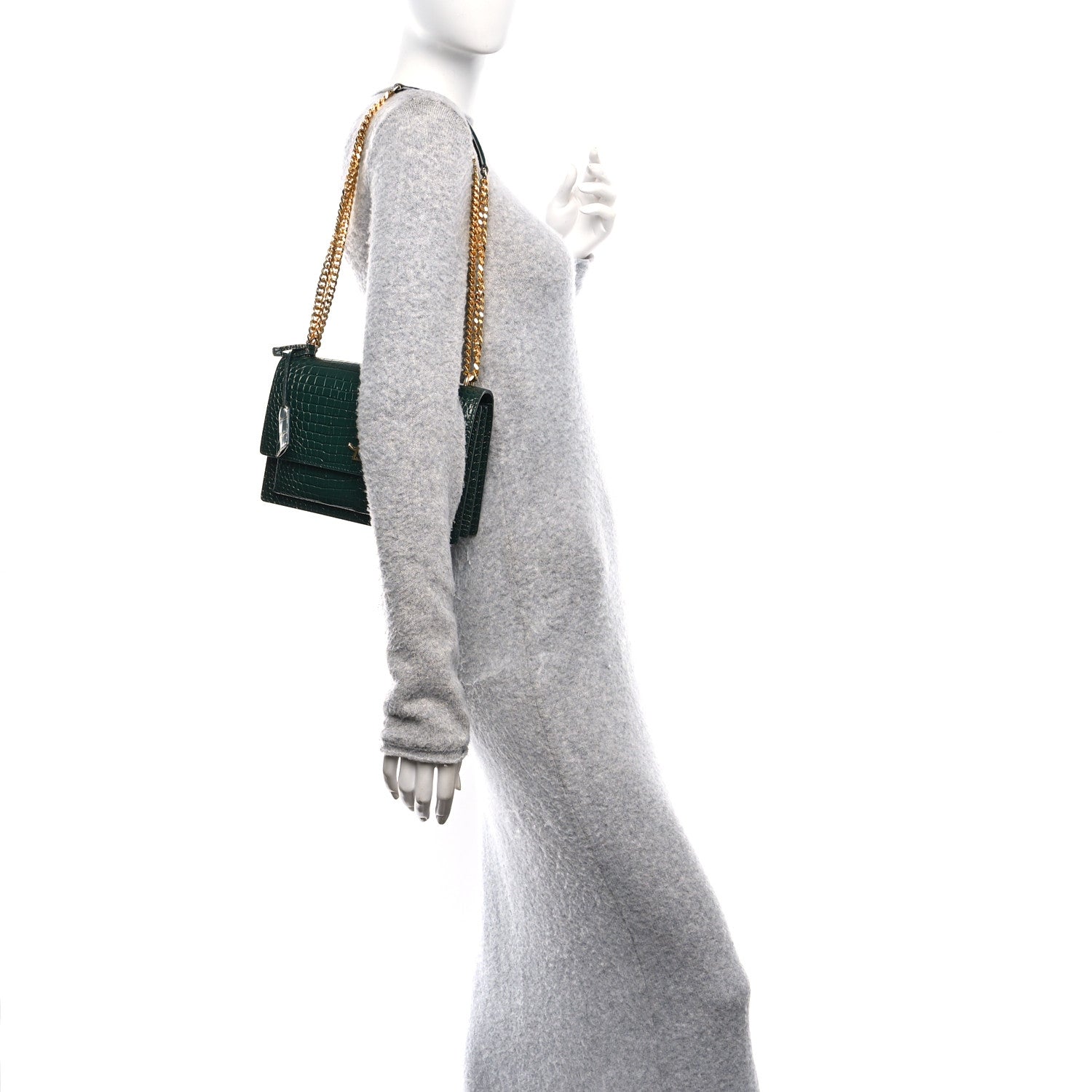 Saint Laurent Calfskin Crocodile Embossed Medium Monogram Sunset Dark Green 2 of 12