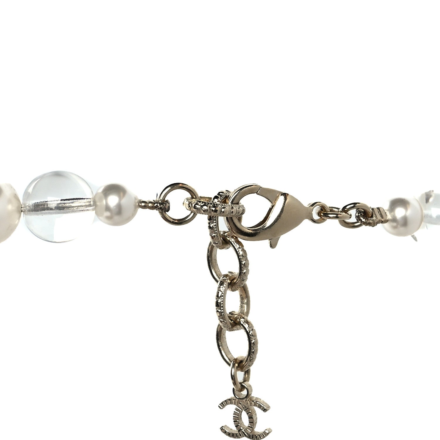 Chanel Resin Pearl Crystal Logo Long Necklace Transparent Gold 4 of 5