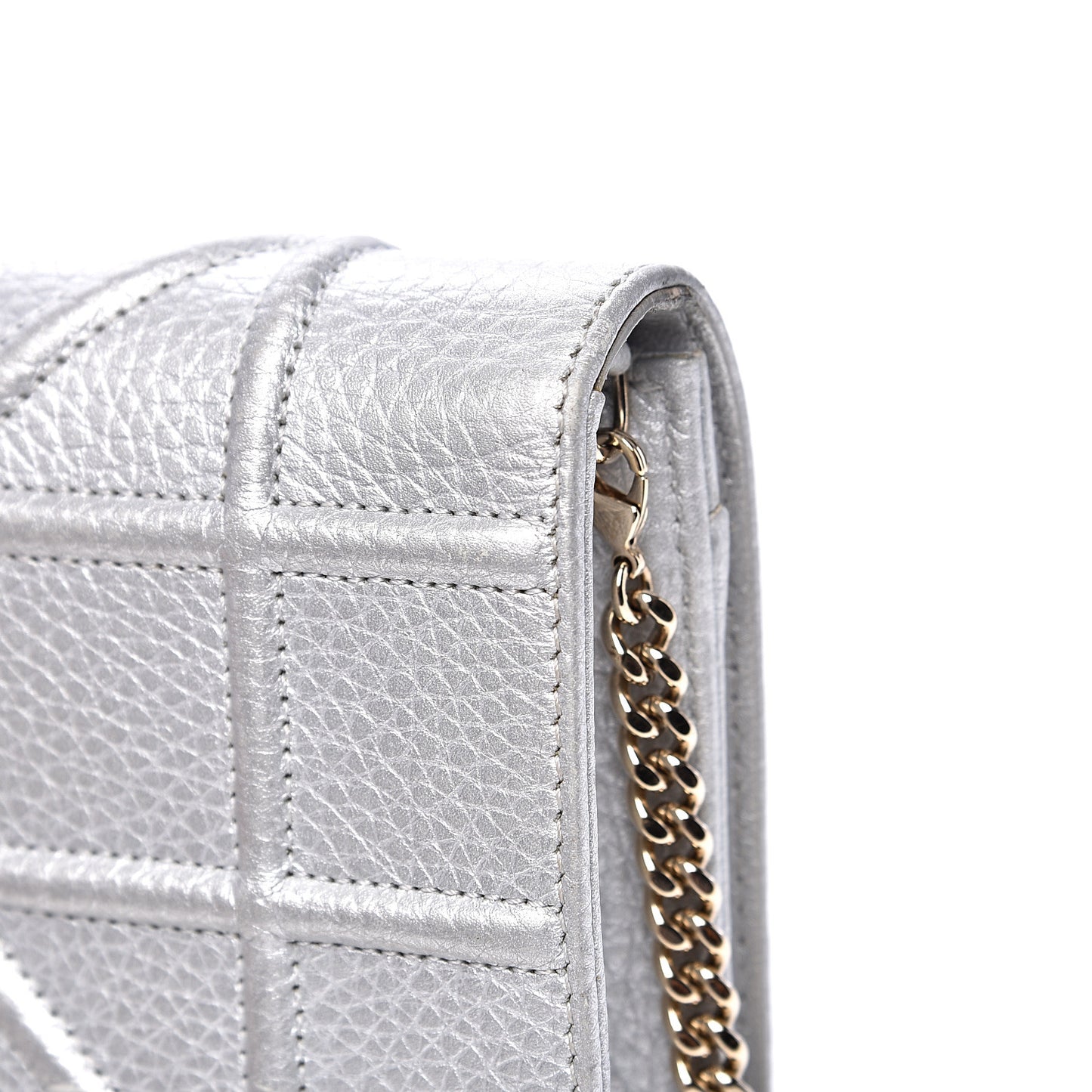 Metallic Grained Calfskin Diorama Wallet on Chain Pouch Silver