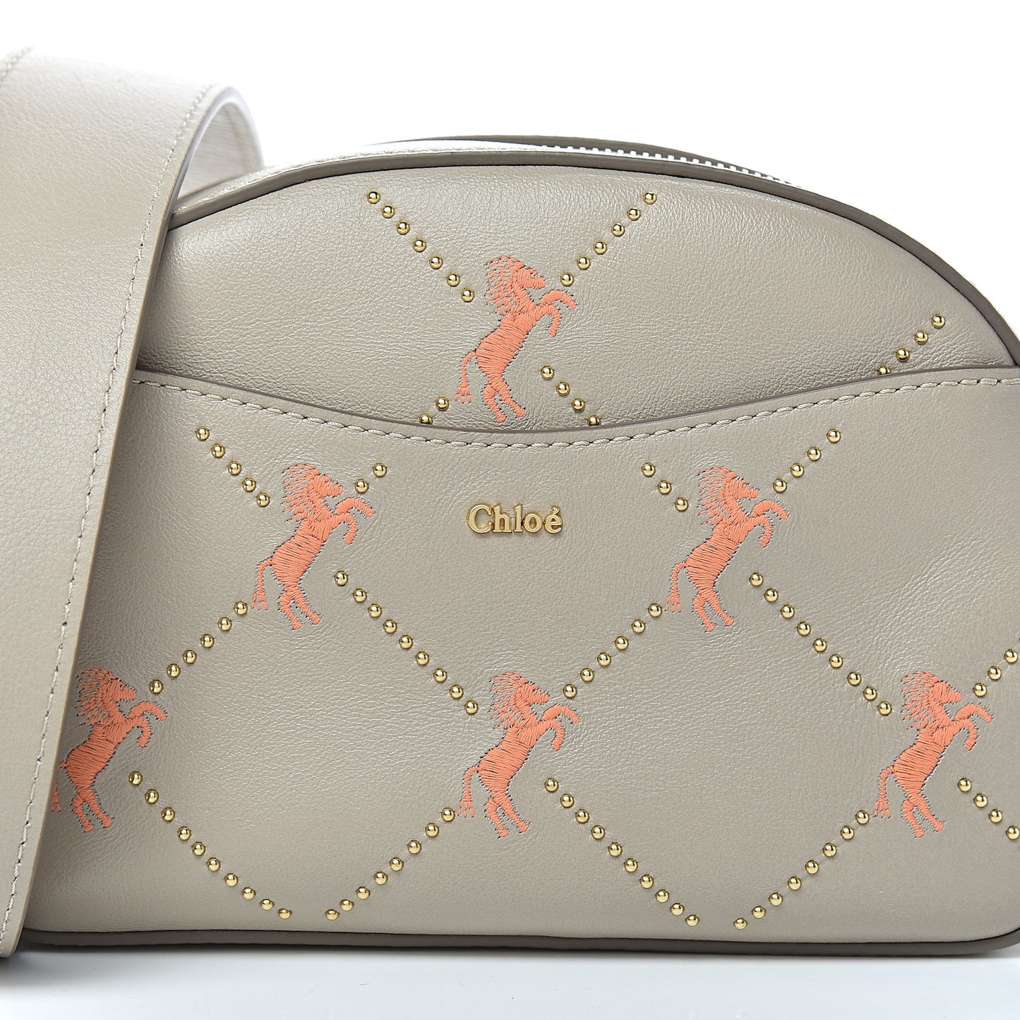 Smooth Calfskin Little Horses Embroidered Shoulder Bag Pastel Grey