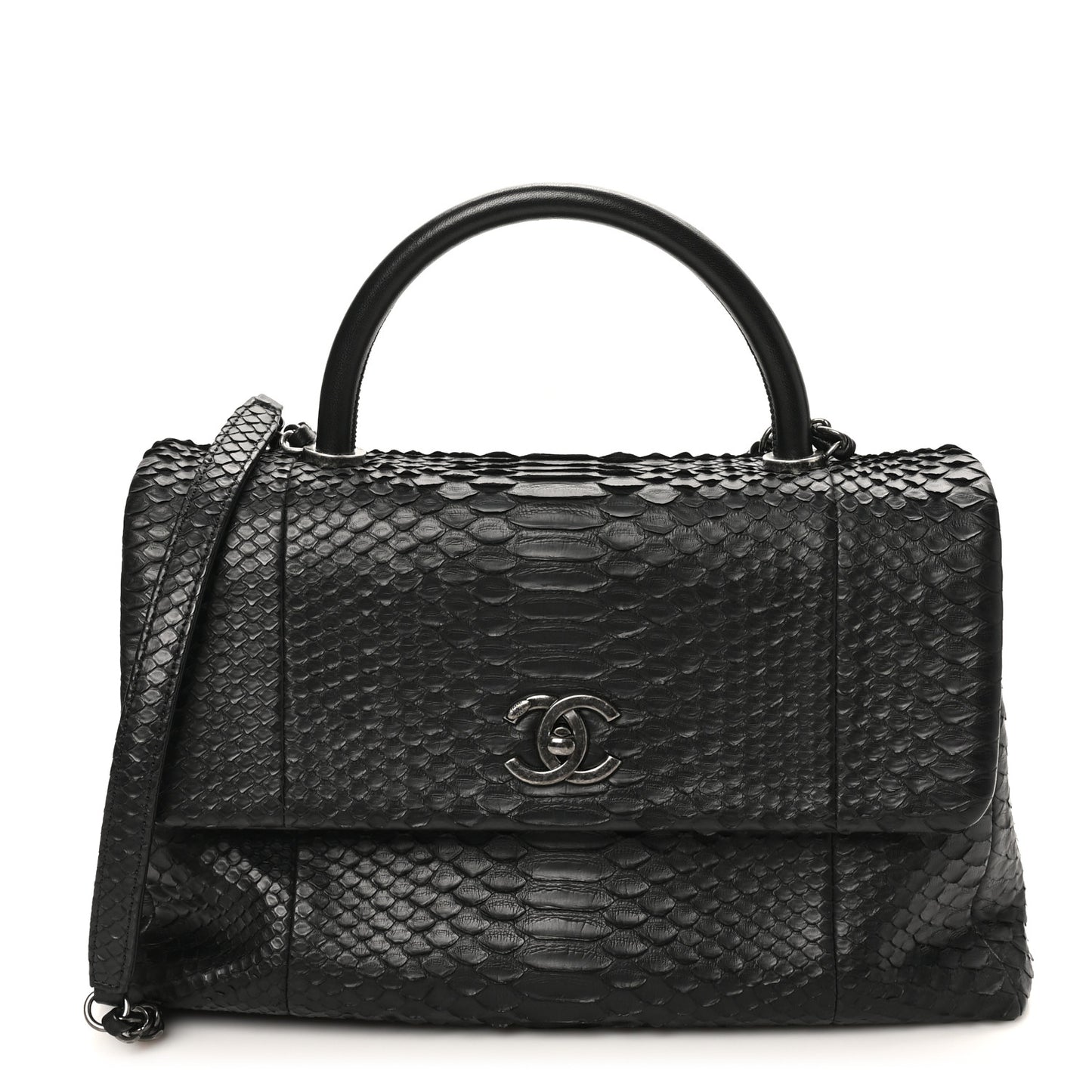 Snakeskin Small Coco Handle Flap Black