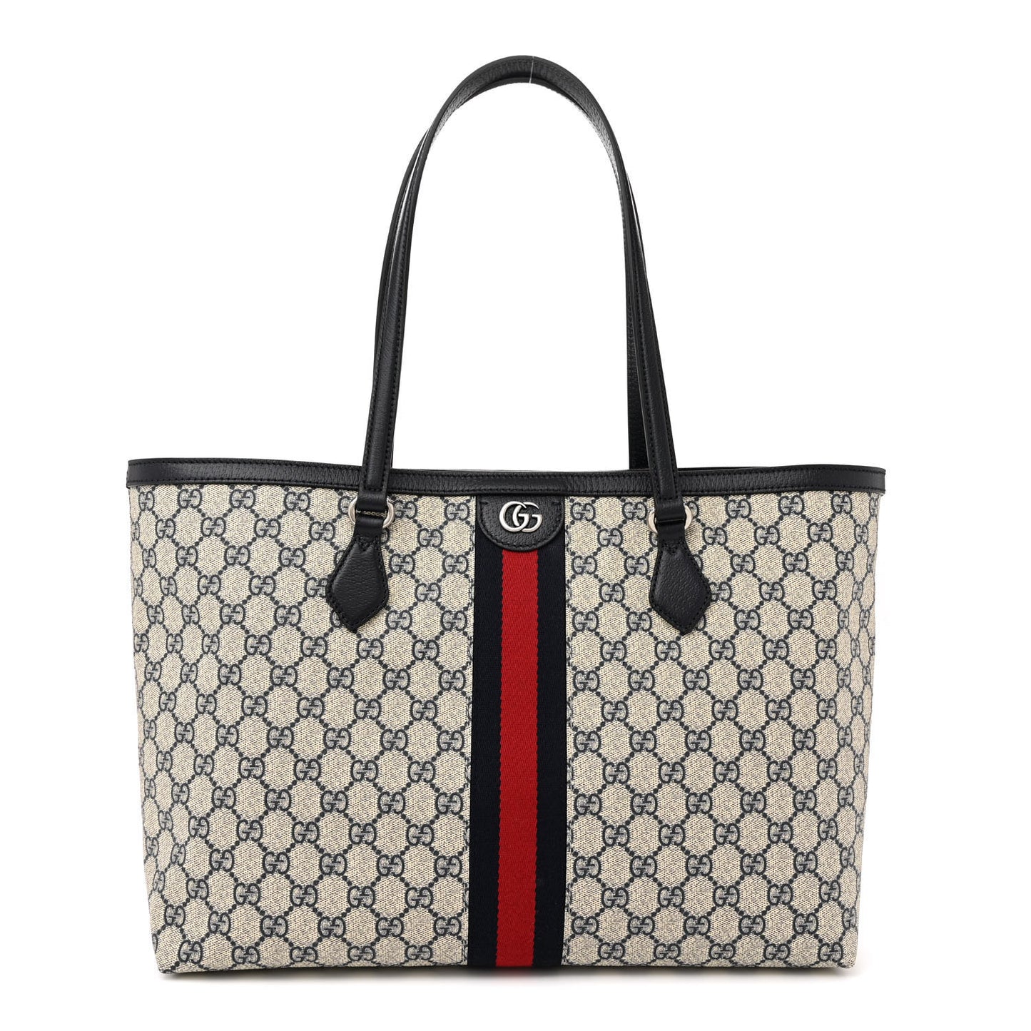 GG Supreme Monogram Textured Calfskin Web Medium Ophidia Shopping Tote Beige Blue