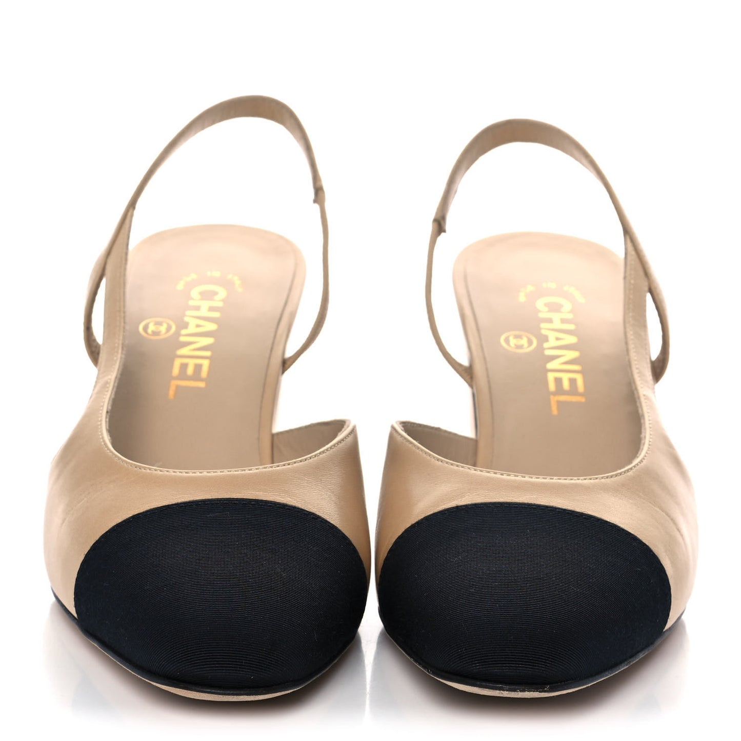 Goatskin Grosgrain Cap Toe CC Slingback Pumps 39 Beige Black
