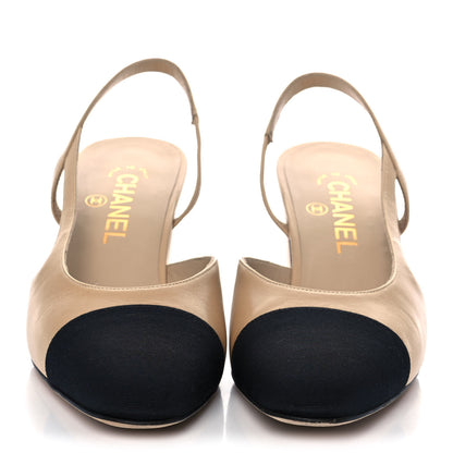 Chanel Goatskin Grosgrain Cap Toe CC Slingback Pumps 39 Beige Black 2 of 9