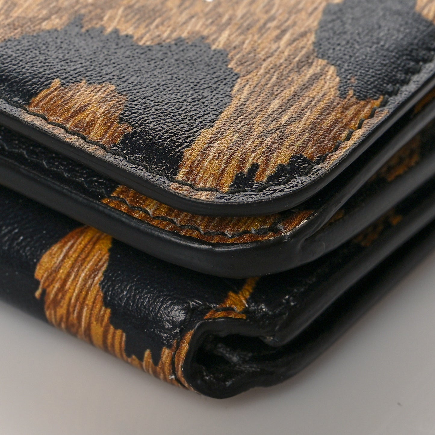 Calfskin Leopard Print Logo Everyday Mini Wallet Black