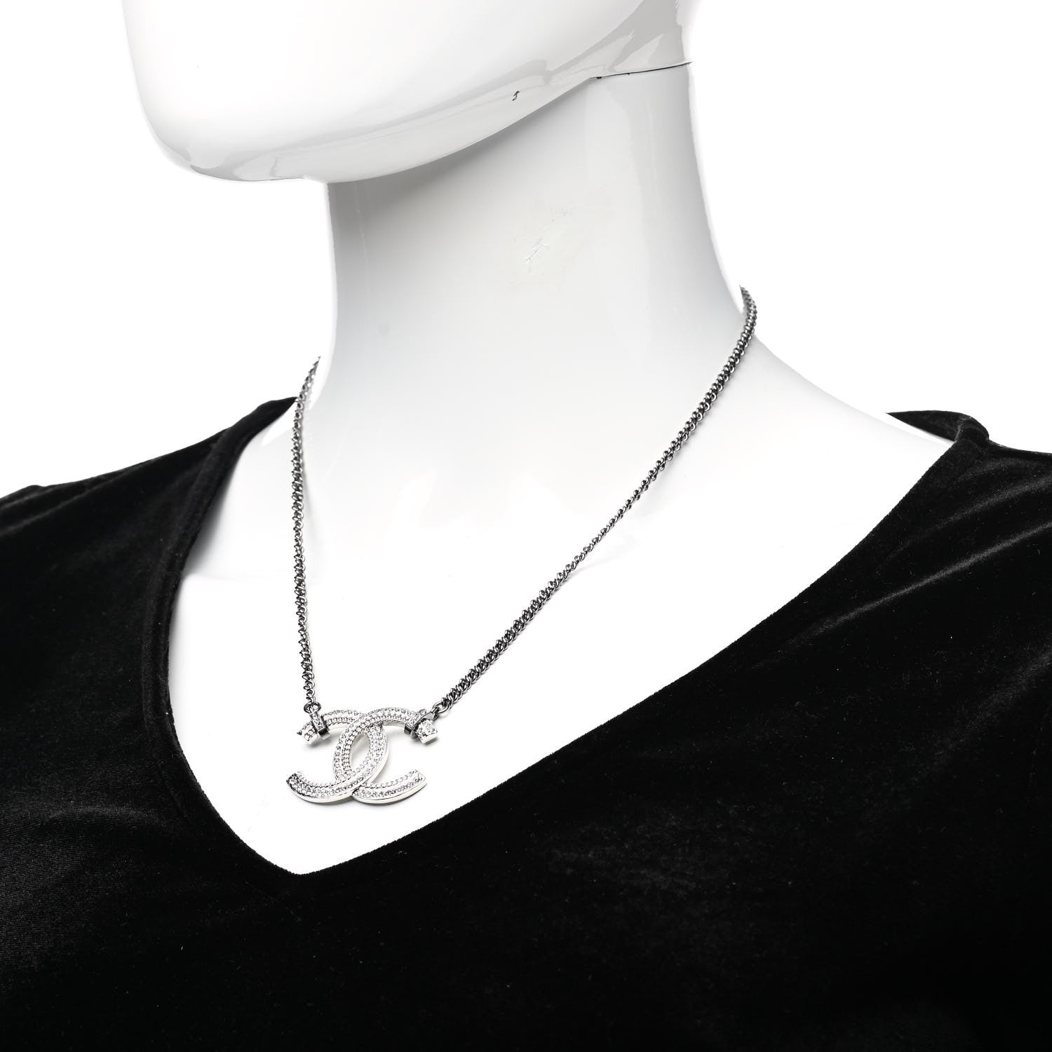 Chanel Crystal CC Pendant Necklace Silver 2 of 6