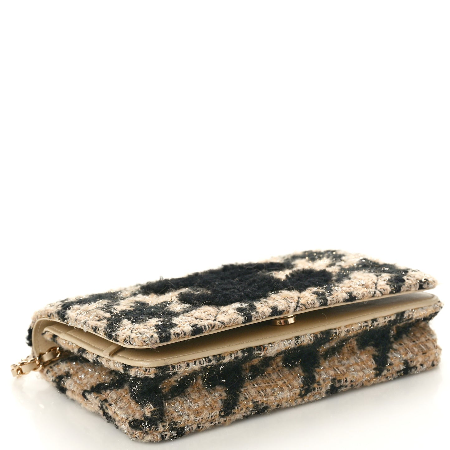 Tweed Shearling Quilted Chanel Wallet On Chain WOC Beige Black