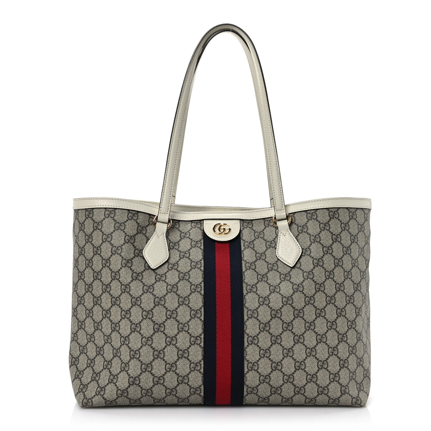 Gucci GG Supreme Monogram Textured Dollar Calfskin Web Medium Ophidia Shopping Tote Beige Ebony Mystic White 1 of 10