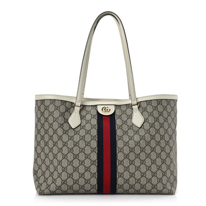 Gucci GG Supreme Monogram Textured Dollar Calfskin Web Medium Ophidia Shopping Tote Beige Ebony Mystic White 1 of 10