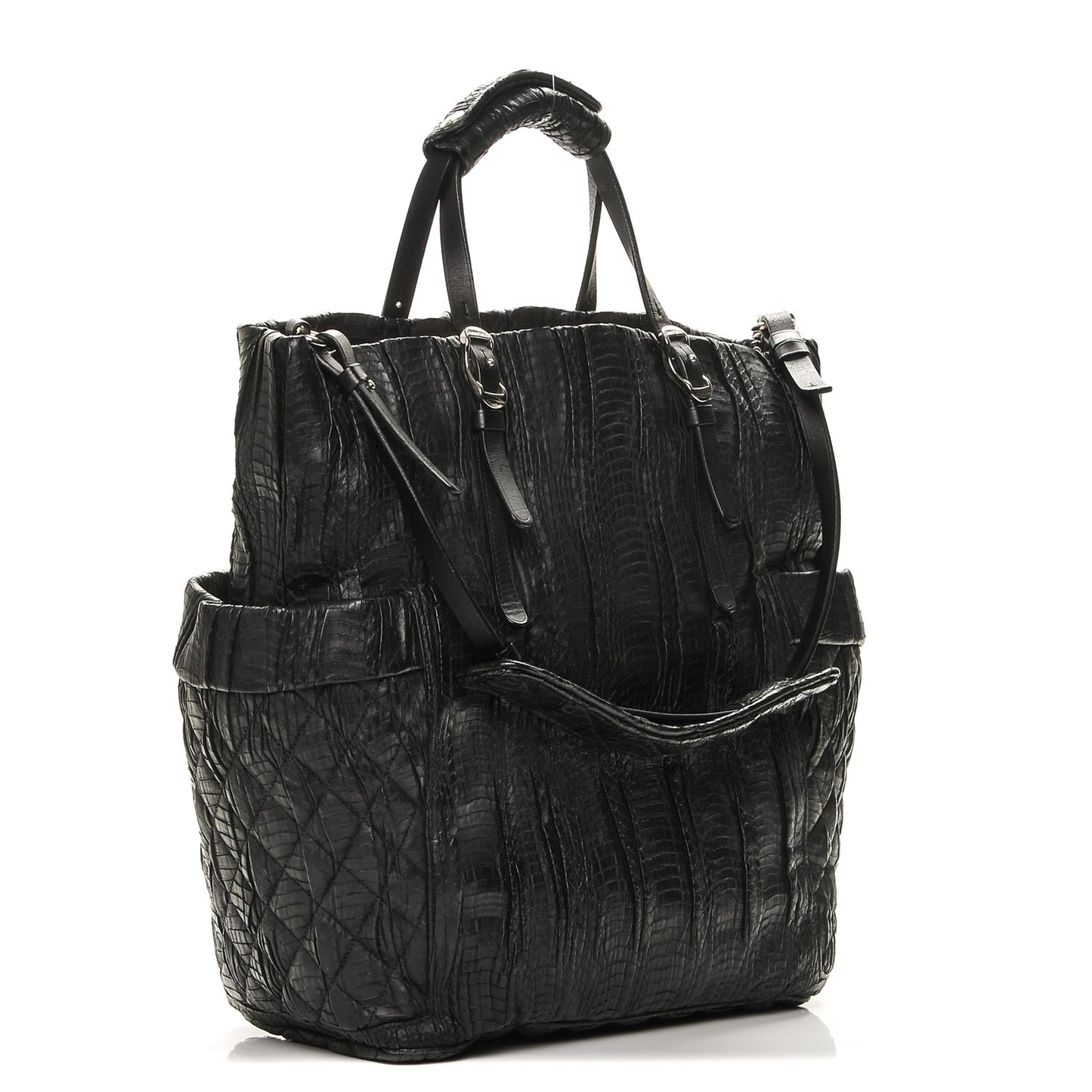 Waxed Snakeskin Chain Embellished Blare Tote Black