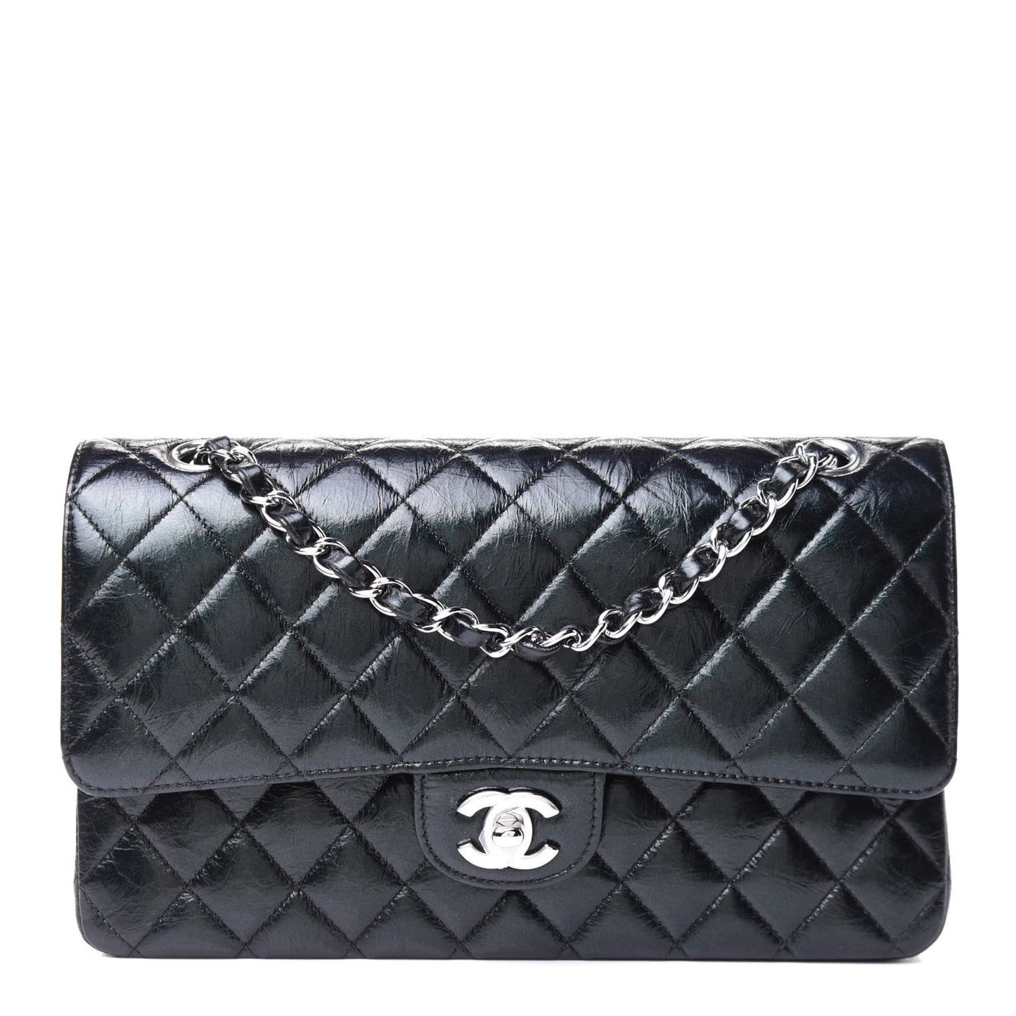 Iridescent Crumpled Calfskin Quilted Medium Double Flap Black