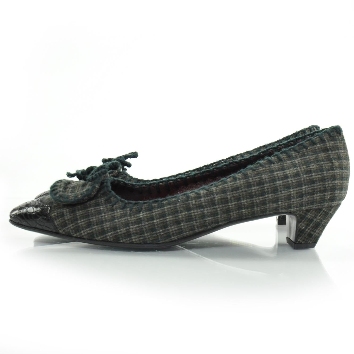 Prada Wool Calfskin Crocodile Embossed Plaid Kitten Heels 38.5 2 of 8