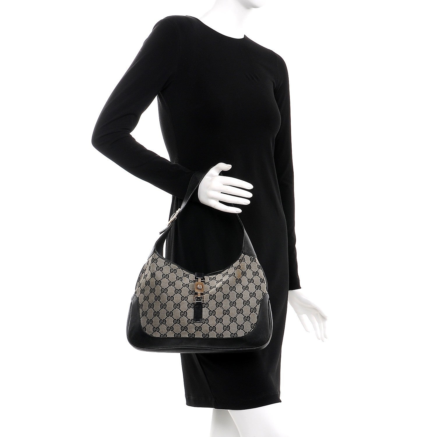 Gucci Denim Monogram Small Jackie O Hobo Black 2 of 15