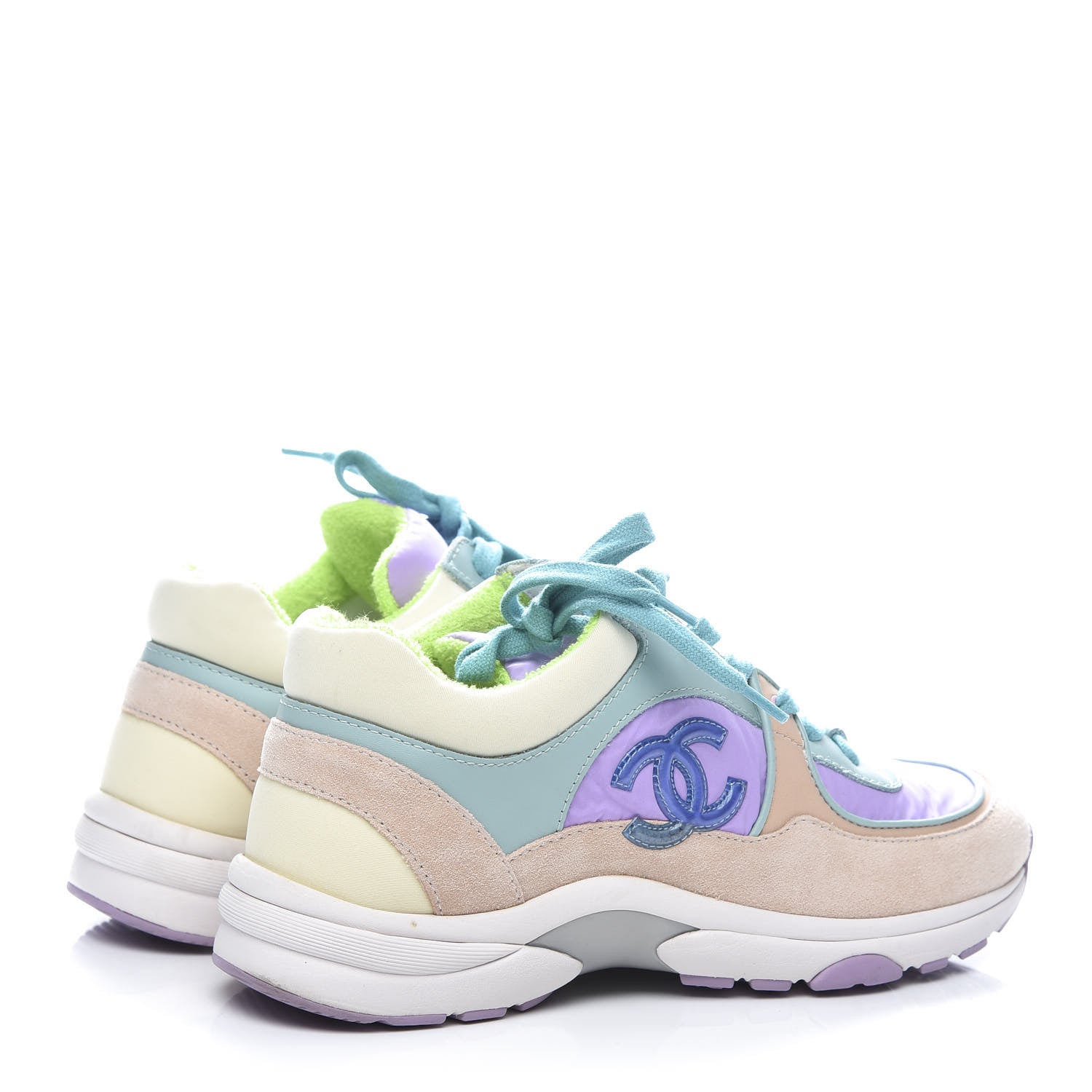 Chanel Nylon Lambskin Suede Calfskin CC Sneakers 36 Green Purple Pink 4 of 11