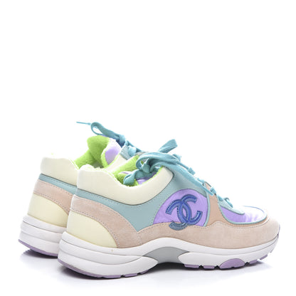 Chanel Nylon Lambskin Suede Calfskin CC Sneakers 36 Green Purple Pink 4 of 11