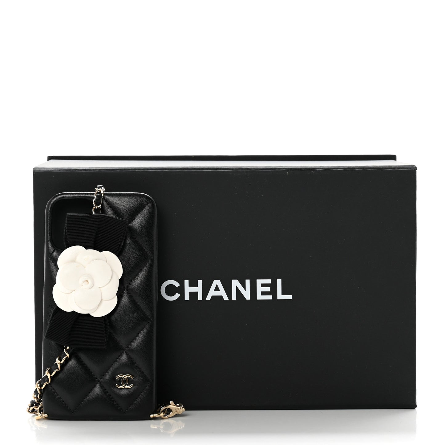 Lambskin Quilted Camellia Bow iPhone XII Pro Holder With Chain Black