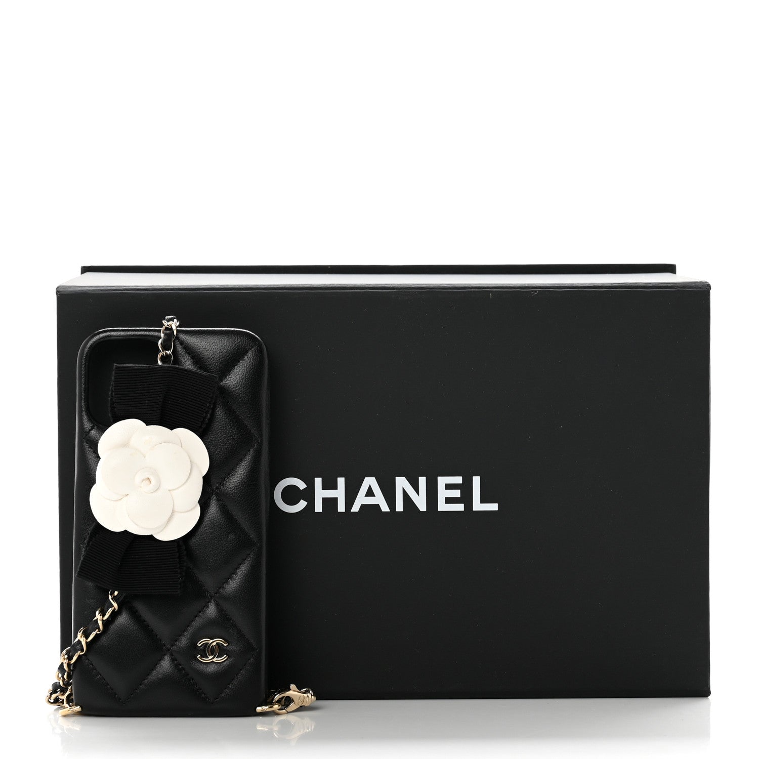 Chanel Lambskin Quilted Camellia Bow iPhone XII Pro Holder With Chain Black 6 of 6