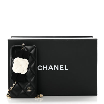 Chanel Lambskin Quilted Camellia Bow iPhone XII Pro Holder With Chain Black 6 of 6