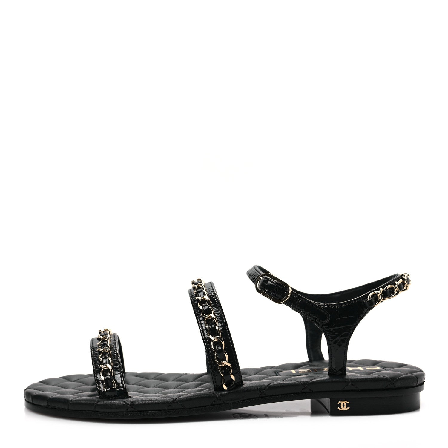 Chanel Crumpled Calfskin Chain Sandals 35.5 Black 1 of 8