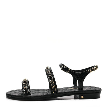 Chanel Crumpled Calfskin Chain Sandals 35.5 Black 1 of 8