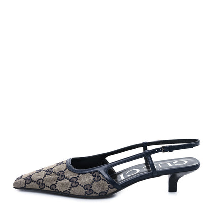 Gucci GG Monogram Malaga Kid Square G 35mm Slingback Pumps 38 Beige Blue 1 of 8