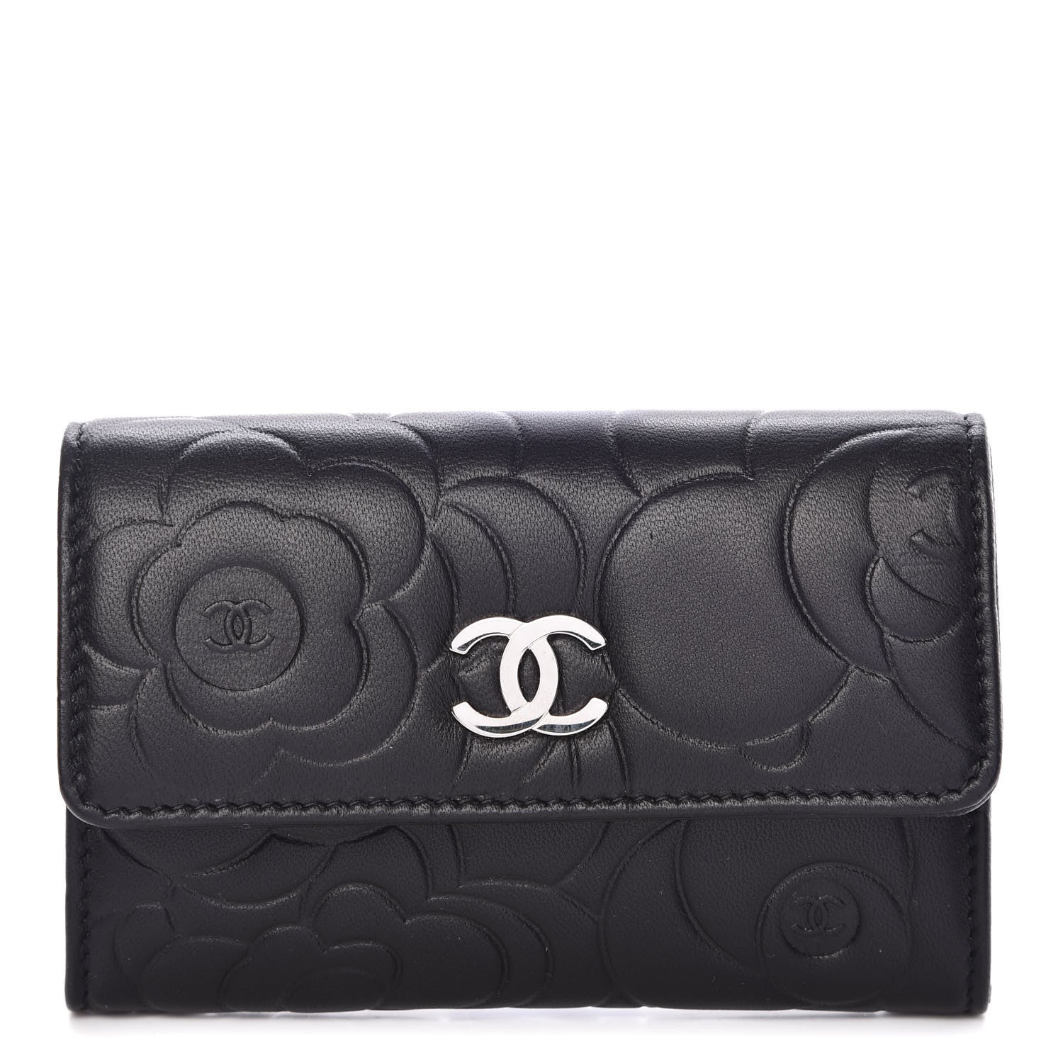 Chanel Lambskin Camellia Embossed Card Holder Wallet Black 1 of 11