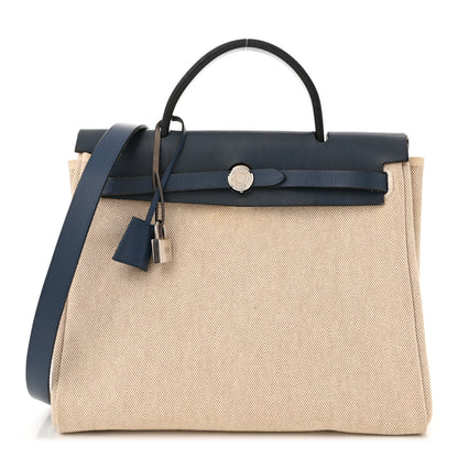 Hermes Toile Vache Calfskin Herbag PM 30 Navy Bleu Natural 1 of 11