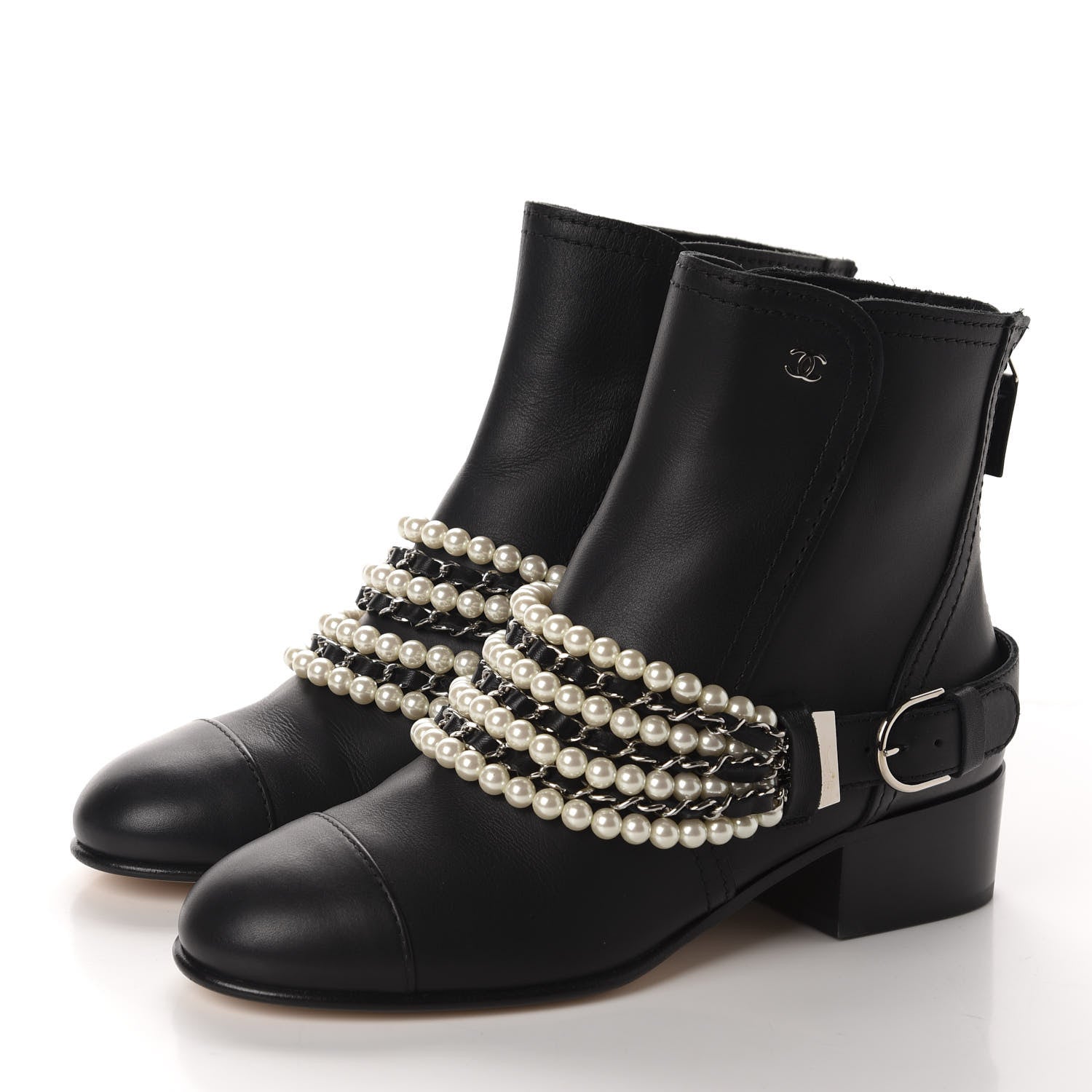 Chanel Calfskin Pearl Cap Toe Short Boots 37 Black 4 of 11