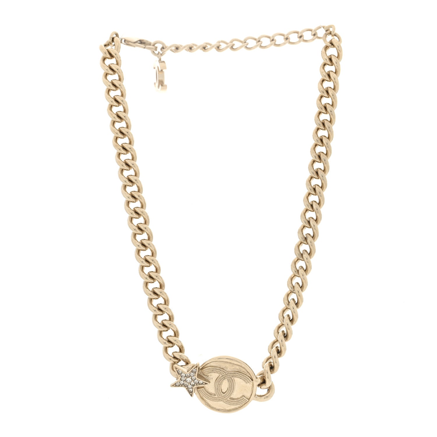 Chanel Metal Crystal Textured CC Star Chain Choker Necklace Gold 3 of 4
