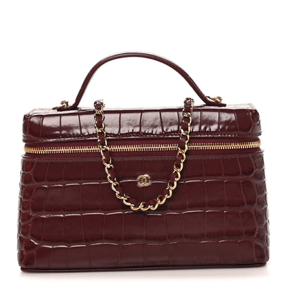 Chanel Calfskin Crocodile Embossed Crococo Top Handle Slim Vanity Case With Chain Dark Burgundy 1 of 11