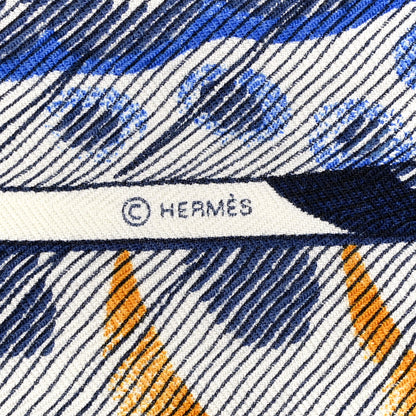 Hermes Cashmere Silk Plumes En Fete Shawl 140 White Bleu Gold 3 of 5