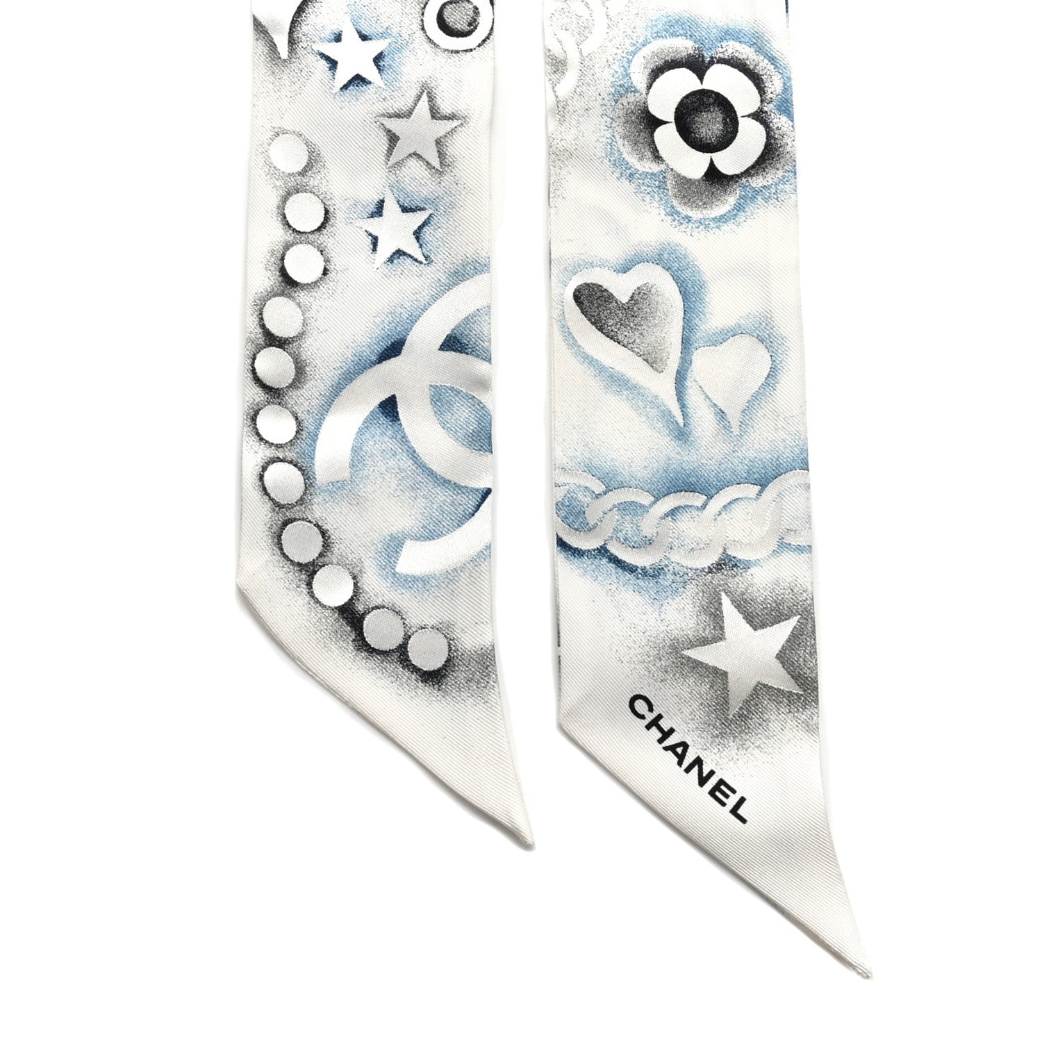 Chanel Silk CC Slim Bandeau Scarf White Blue 3 of 6